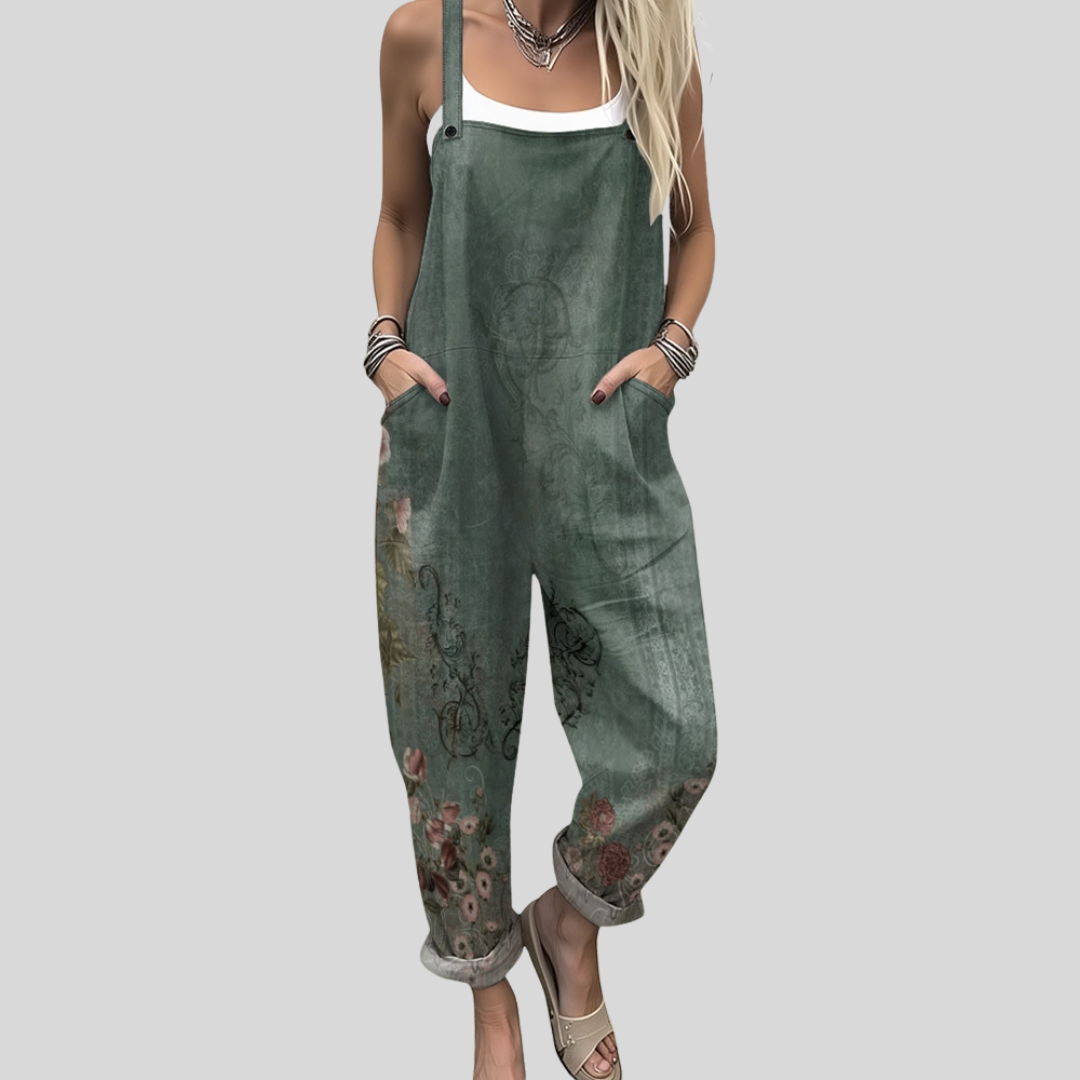 Olive Green Dungarees with a Floral Border
