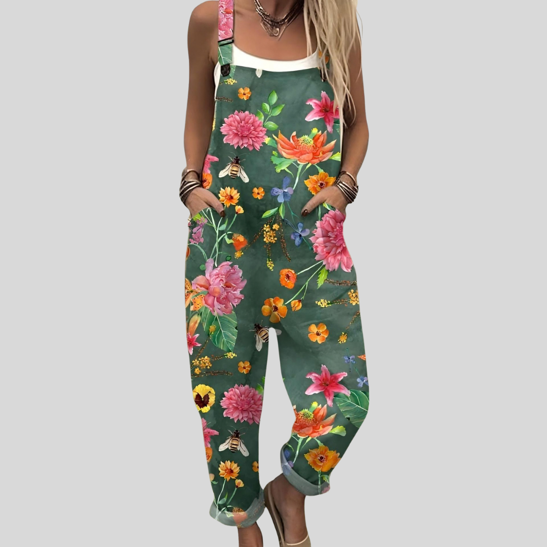 Petrol Green Floral Dungarees