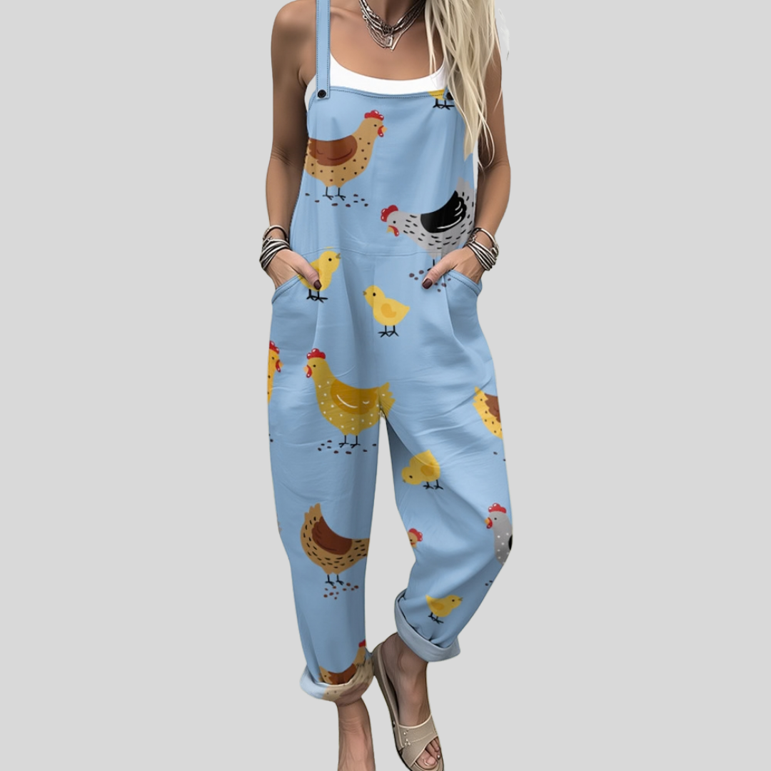 Light Blue Dungarees with Chickens