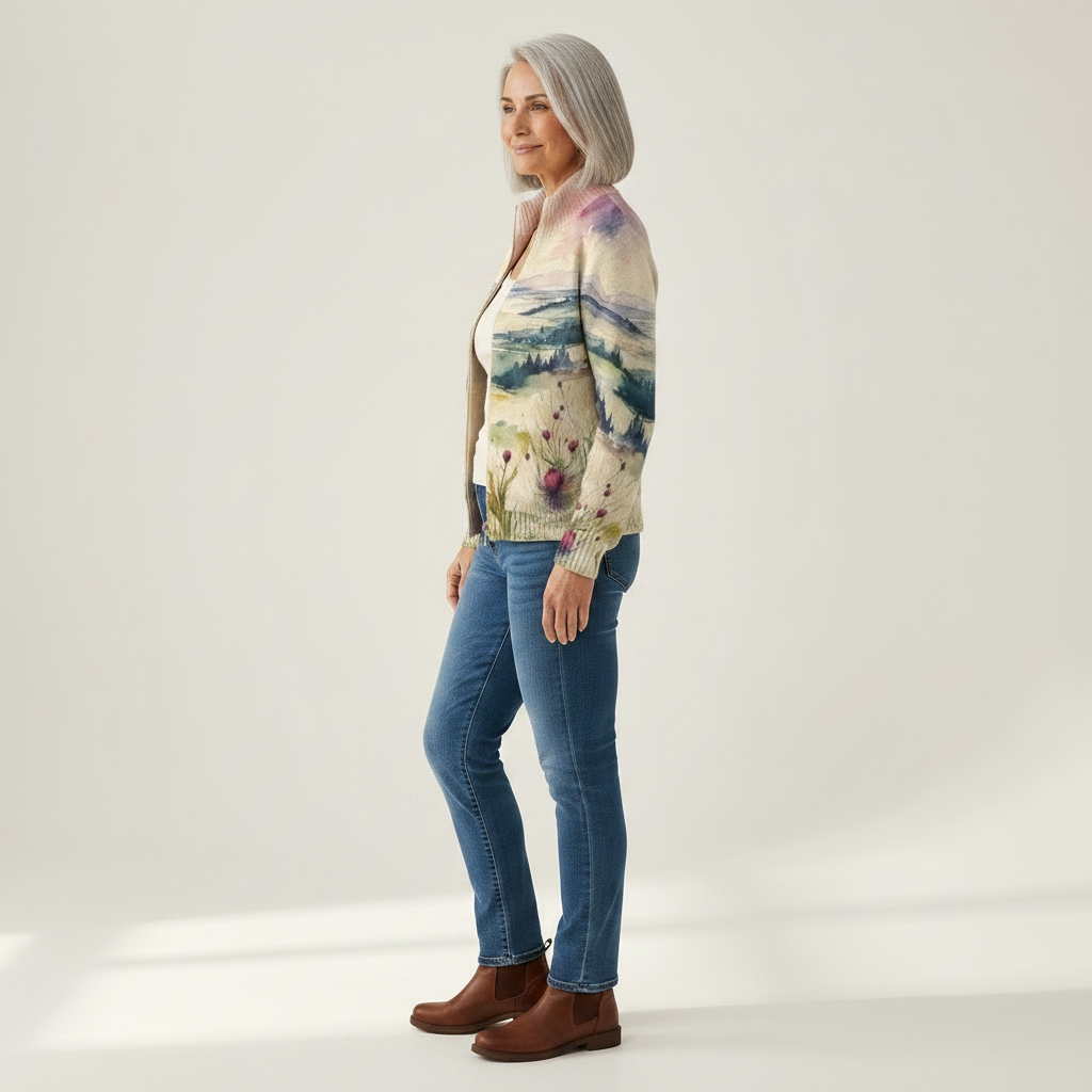 Heike | Cardigan with Thistle and Landscape Motif