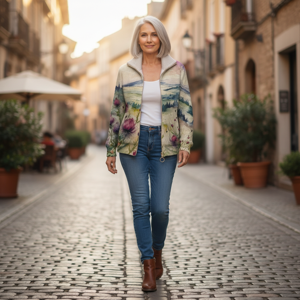 Heike | Cardigan with Thistle and Landscape Motif
