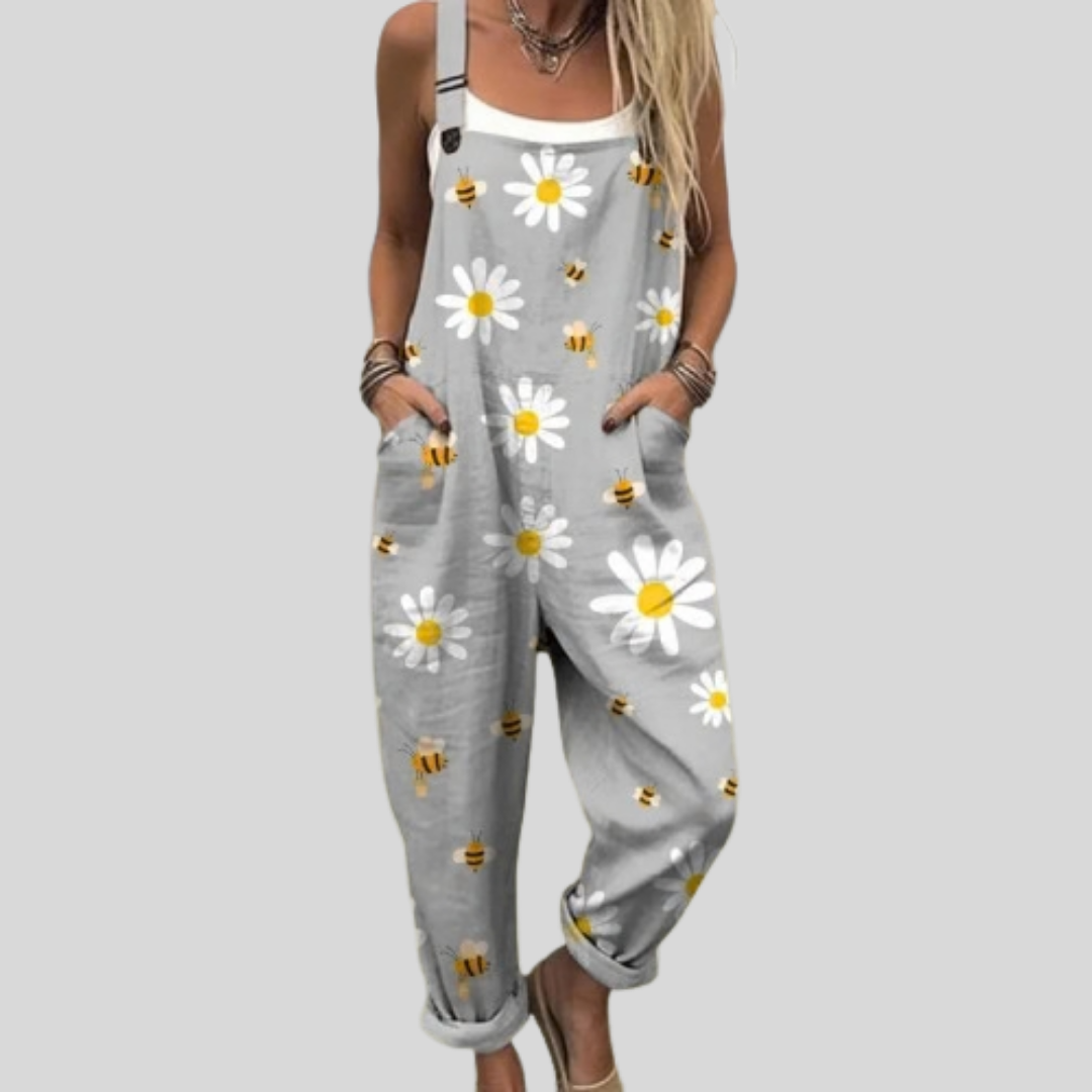 Grey Dungarees with Daisies & Bees