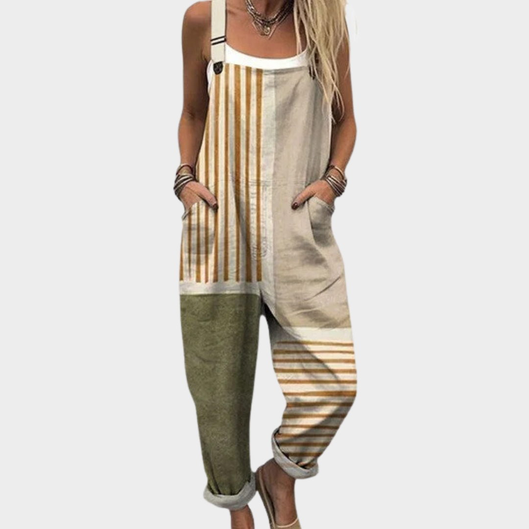 Beige & Olive Striped Dungarees