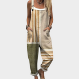 Beige & Olive Striped Dungarees