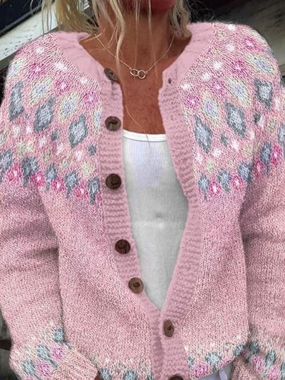 Thomasin | Pink Cardigan with Diamond Pattern