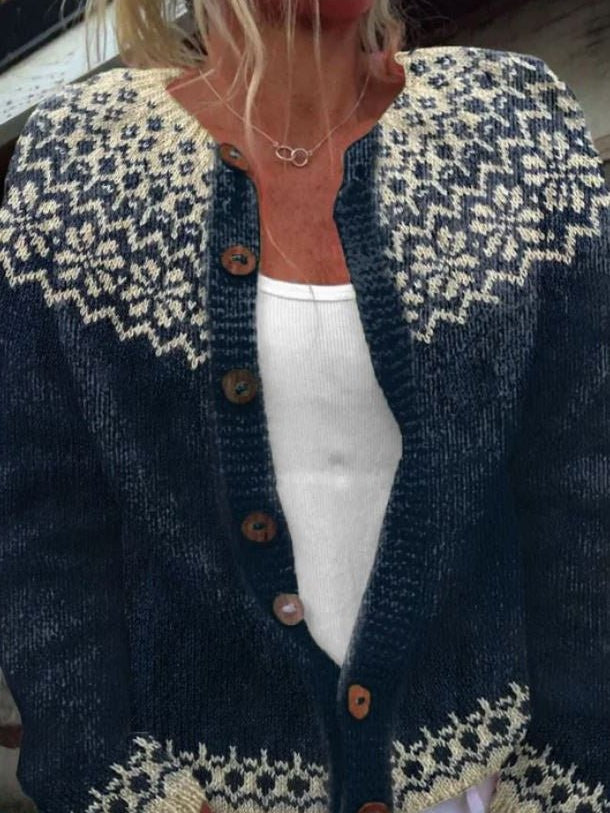 Fenella | Navy Cardigan with Snowflake Pattern