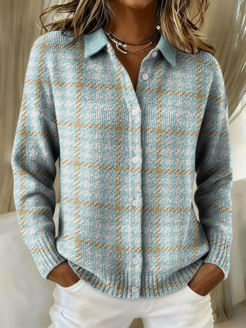 Clara | Sky Blue Checked Button Knit