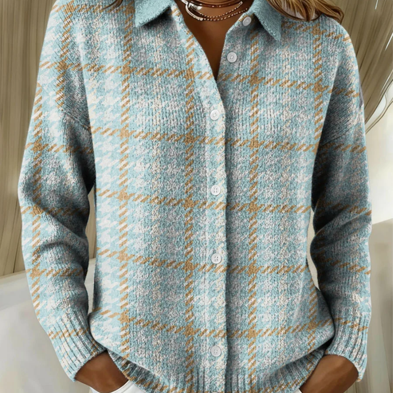 Clara | Sky Blue Checked Button Knit
