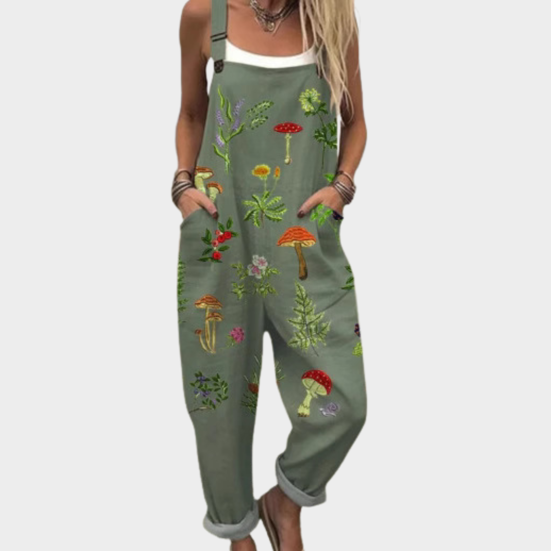 Olive Green Dungarees with a Mushroom Motif