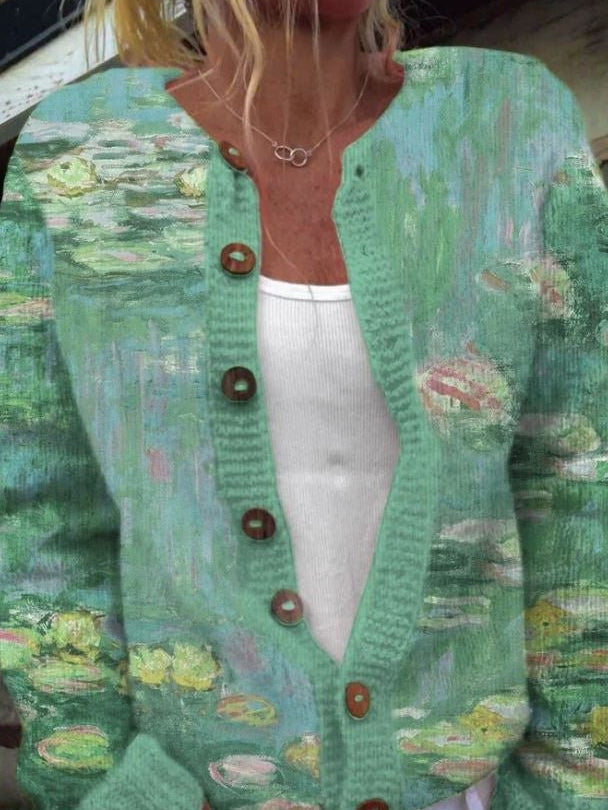 Hyacinth | Green Cardigan with Water Lily Print