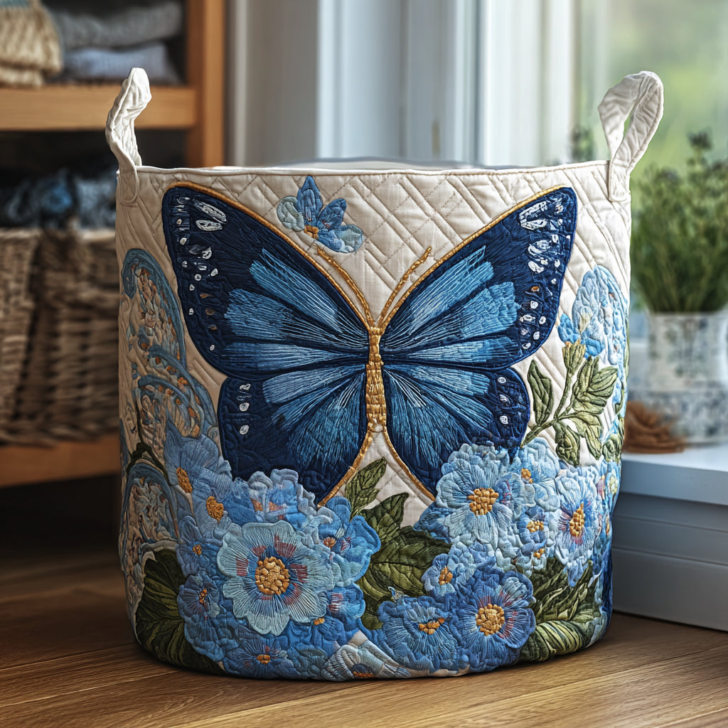 Blue Butterfly and Flowers | Quilted Laundry Basket