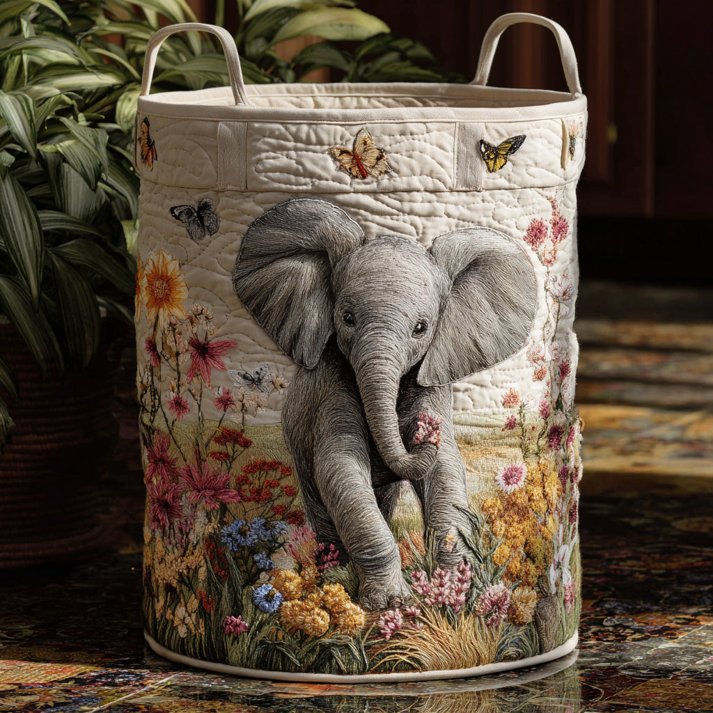 Elephant among the Flowers | Quilted Laundry Basket