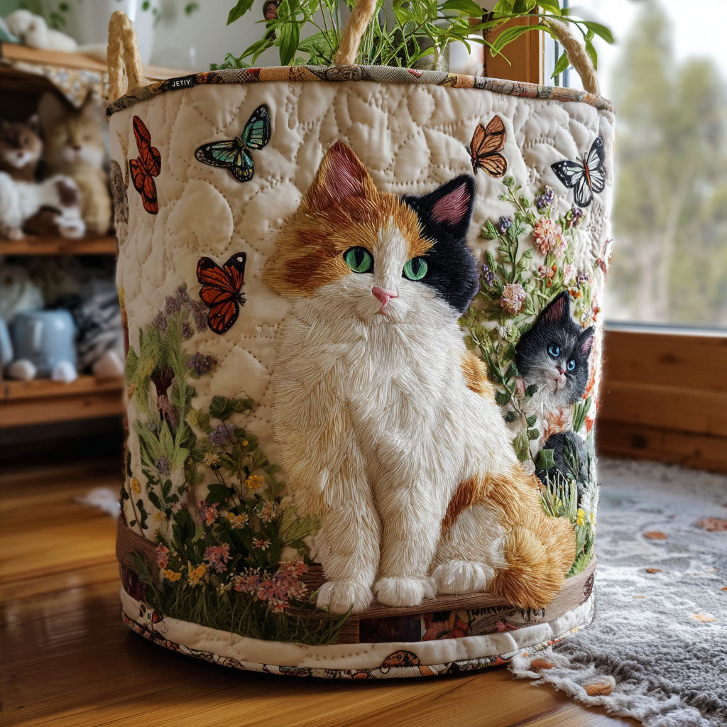 Kitten among the Flowers | Quilted Laundry Basket