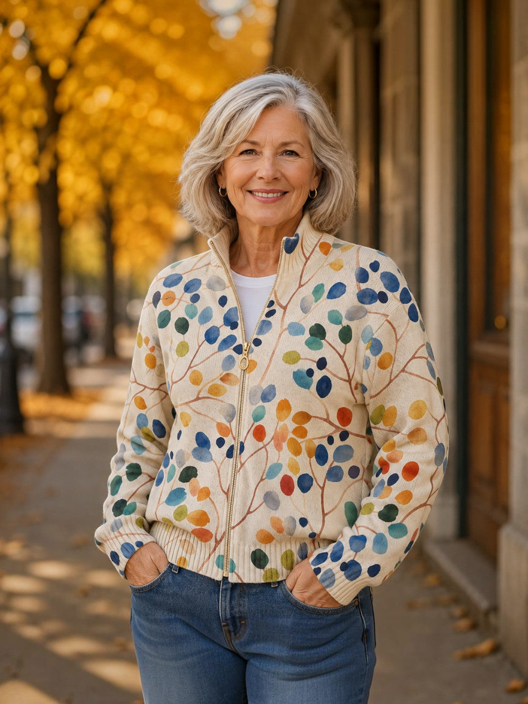 Anja | Cardigan with Colourful Leaf Pattern