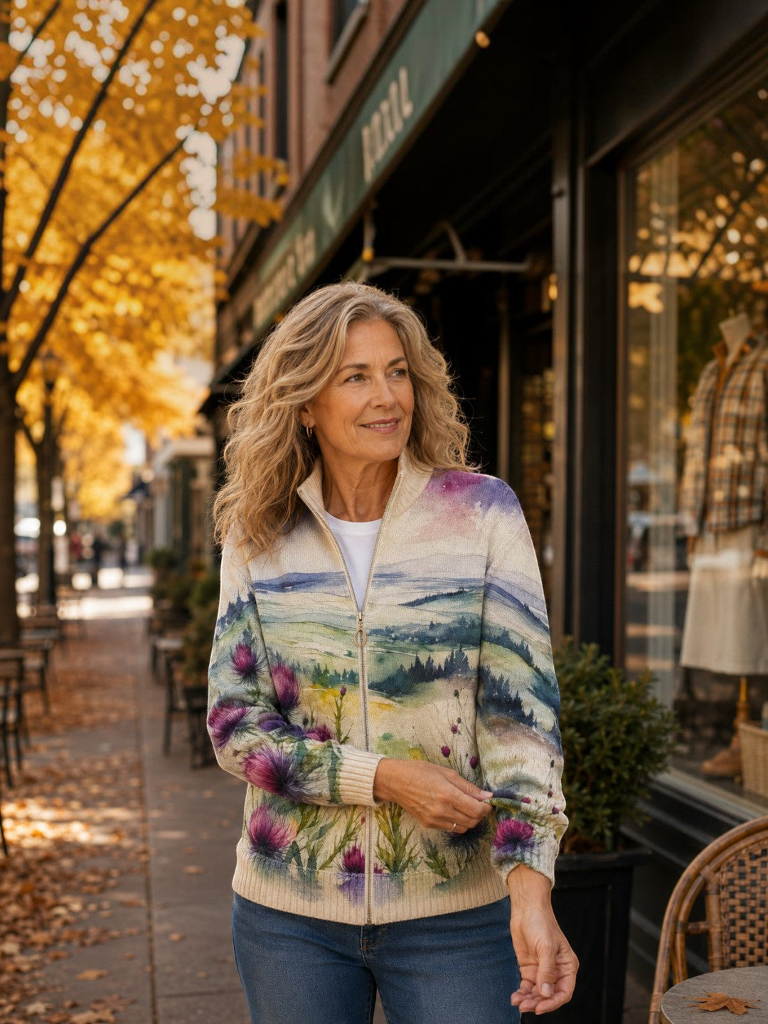 Heike | Cardigan with Thistle and Landscape Motif