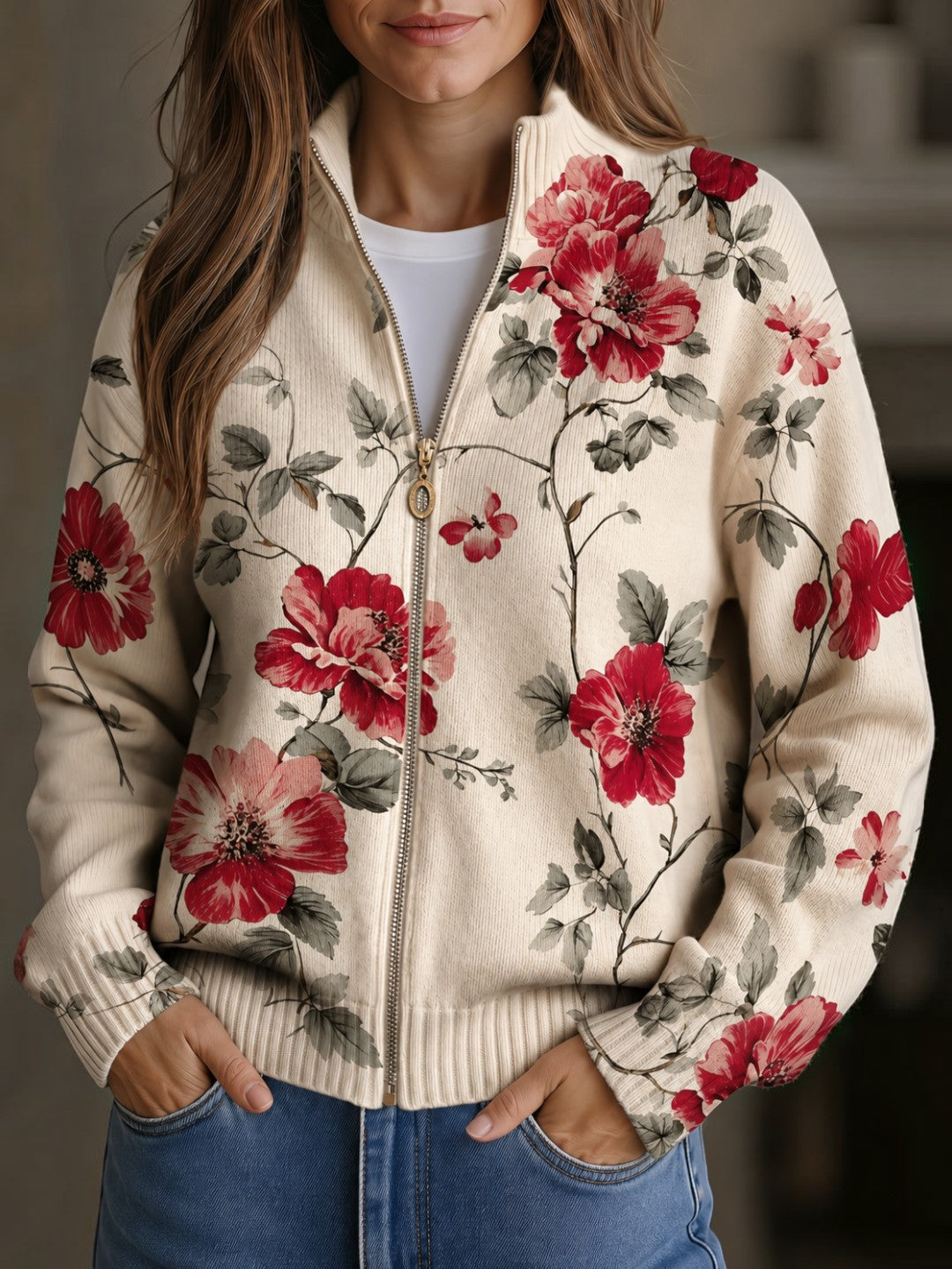 Monika | Cardigan with Vintage Rose Pattern