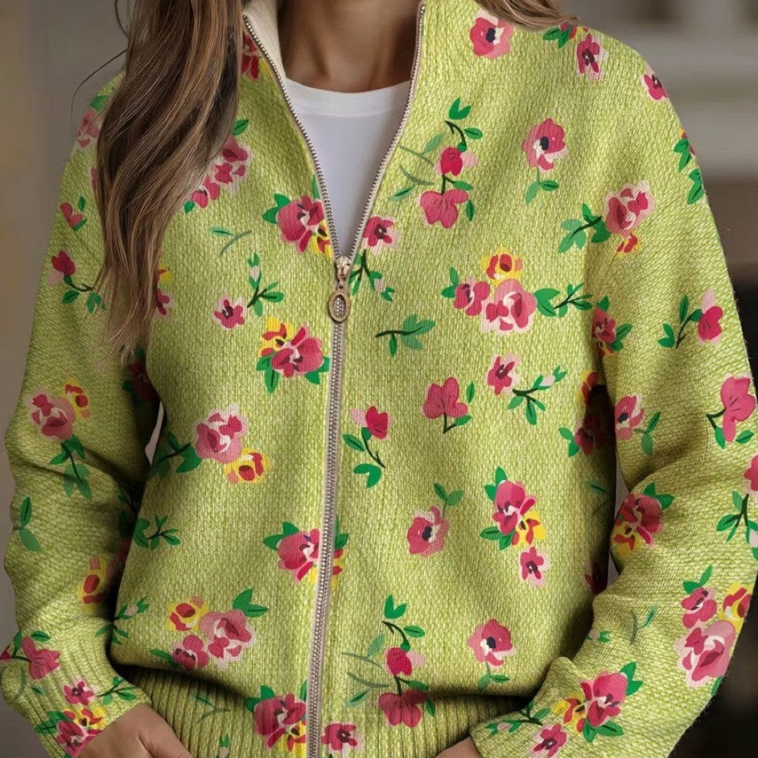 Elke | Green Cardigan with Floral Pattern