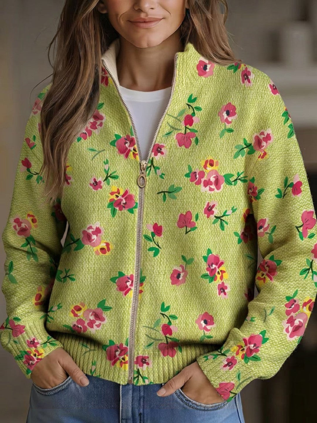 Elke | Green Cardigan with Floral Pattern