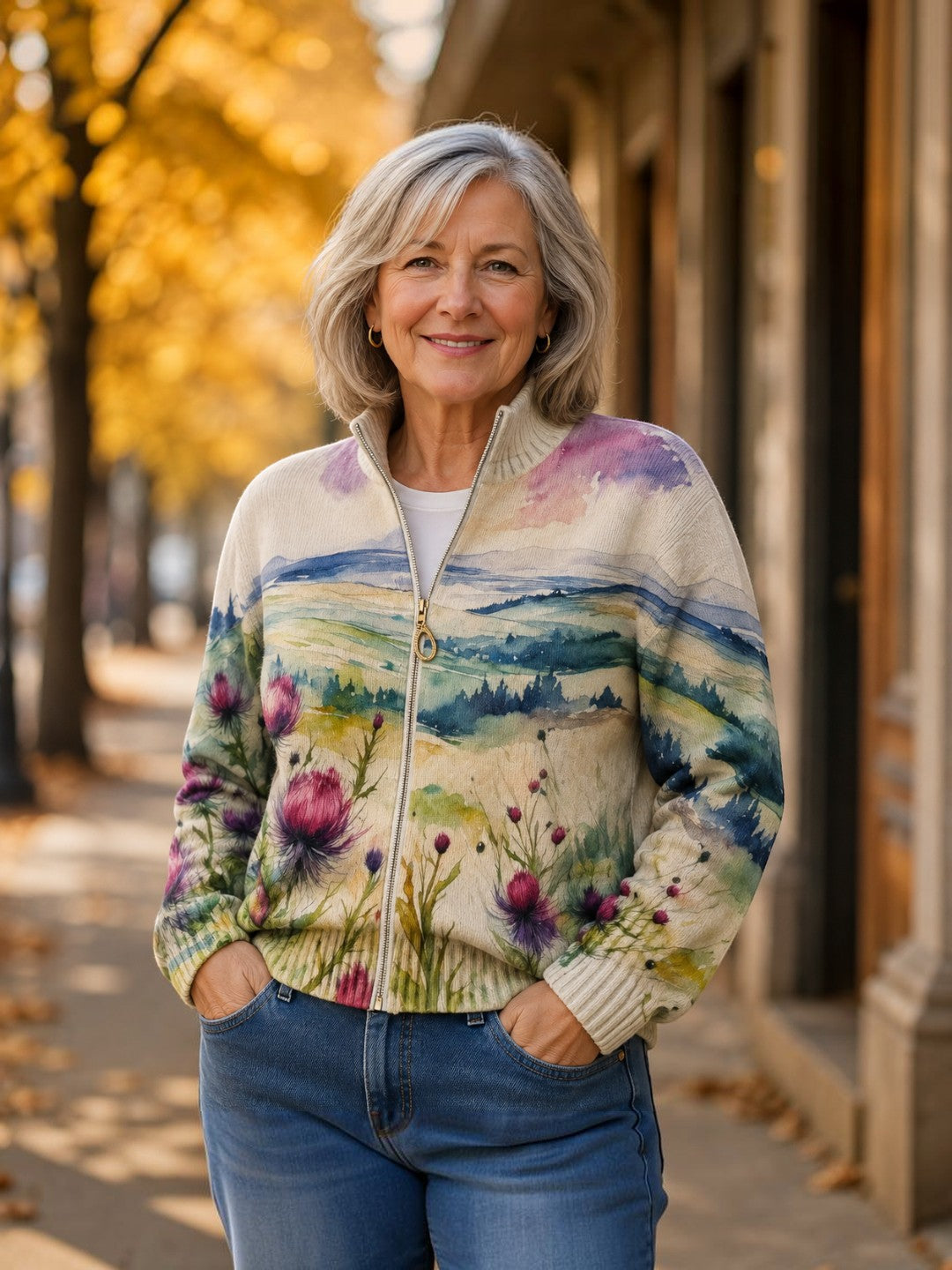 Heike | Cardigan with Thistle and Landscape Motif