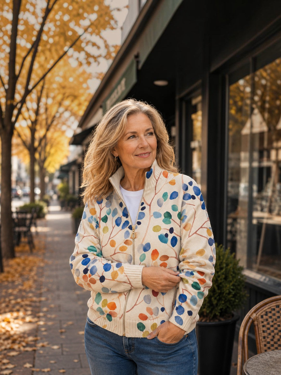 Anja | Cardigan with Colourful Leaf Pattern