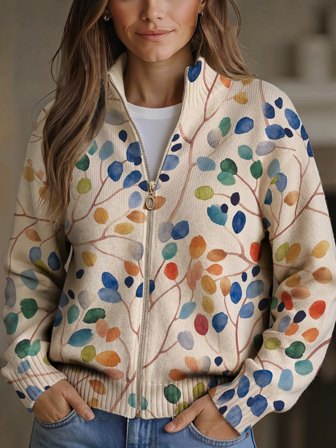 Anja | Cardigan with Colourful Leaf Pattern