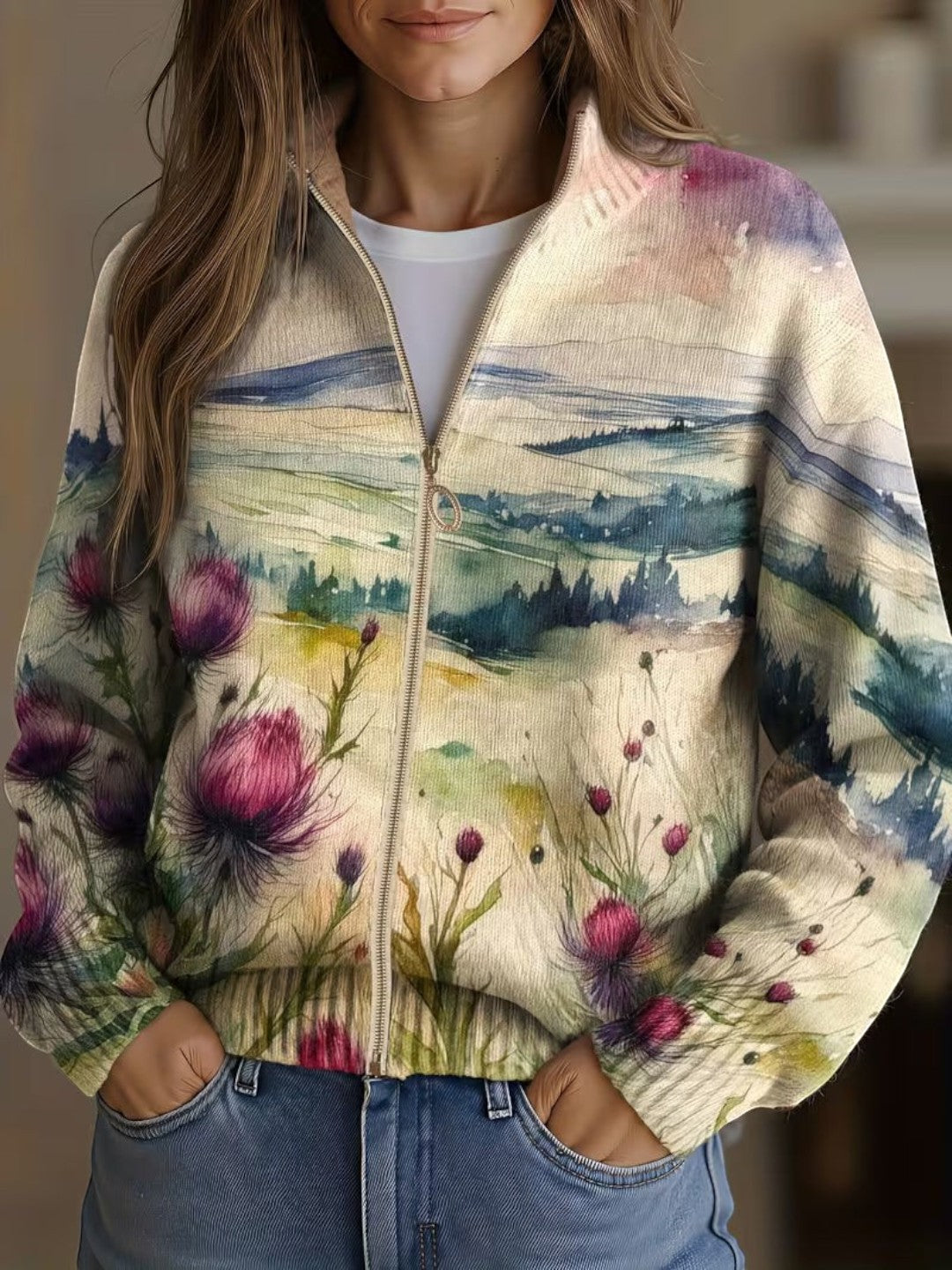 Heike | Cardigan with Thistle and Landscape Motif
