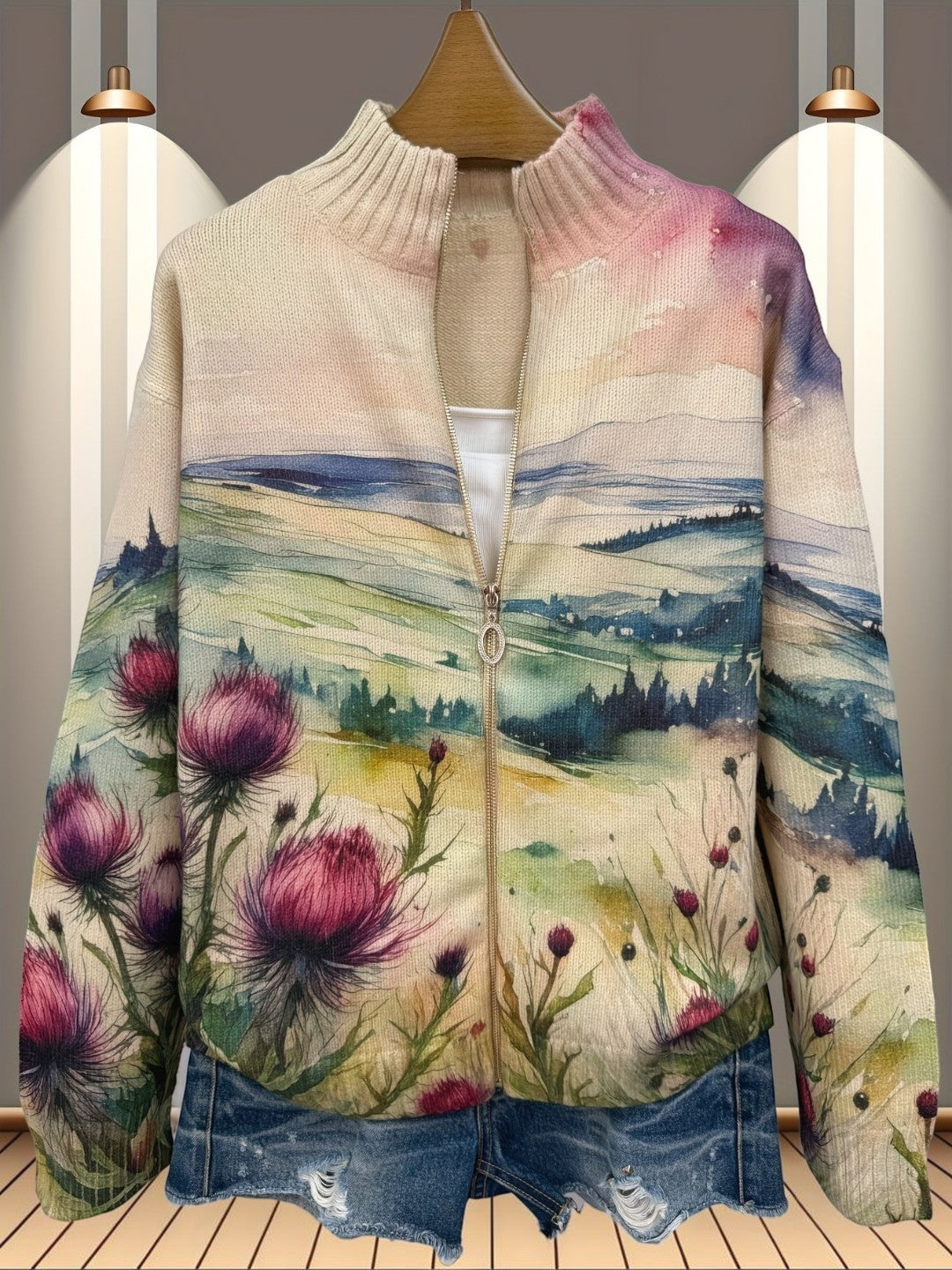 Heike | Cardigan with Thistle and Landscape Motif
