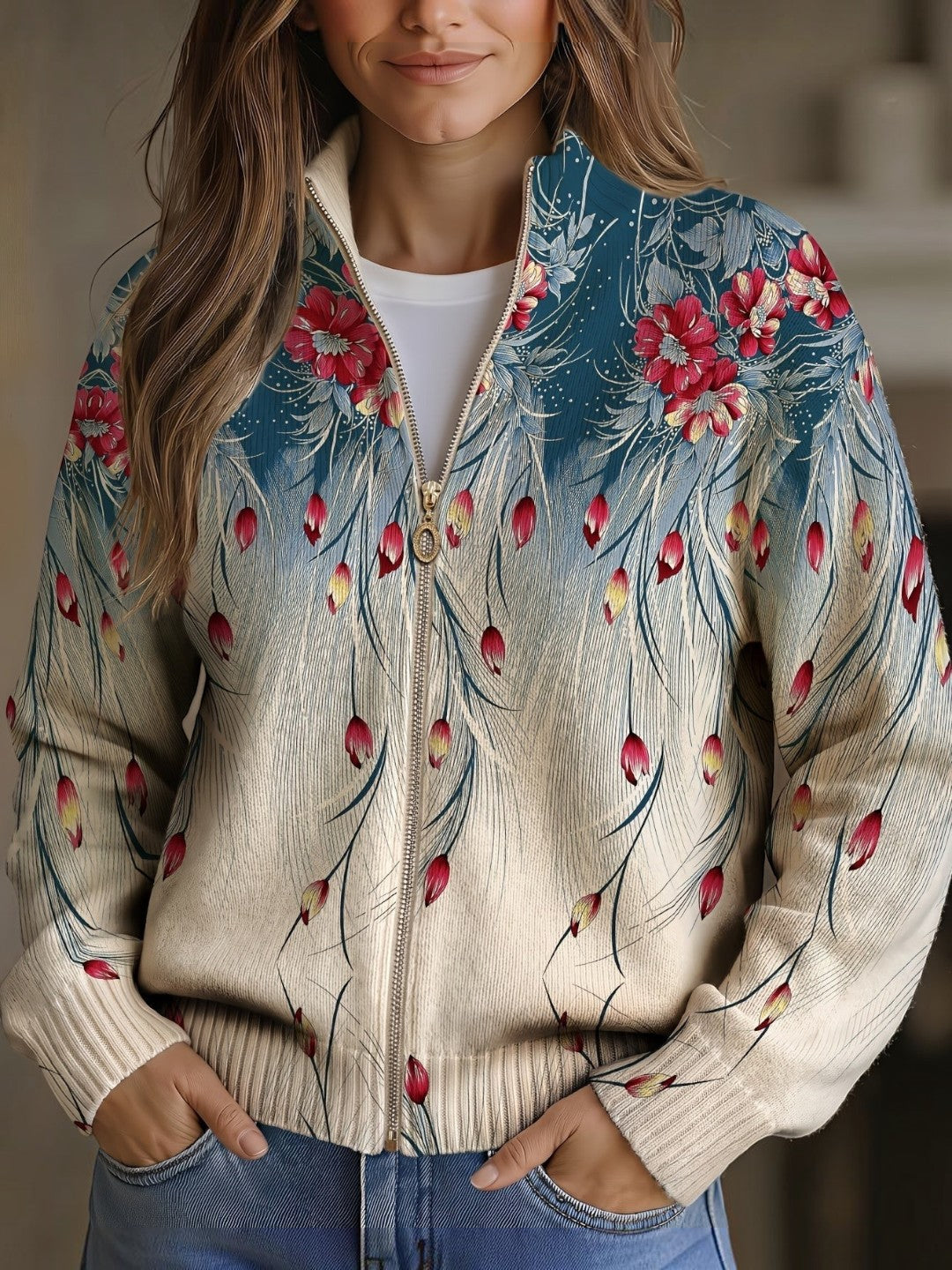 Martina | Cardigan with Peacock Feather Design
