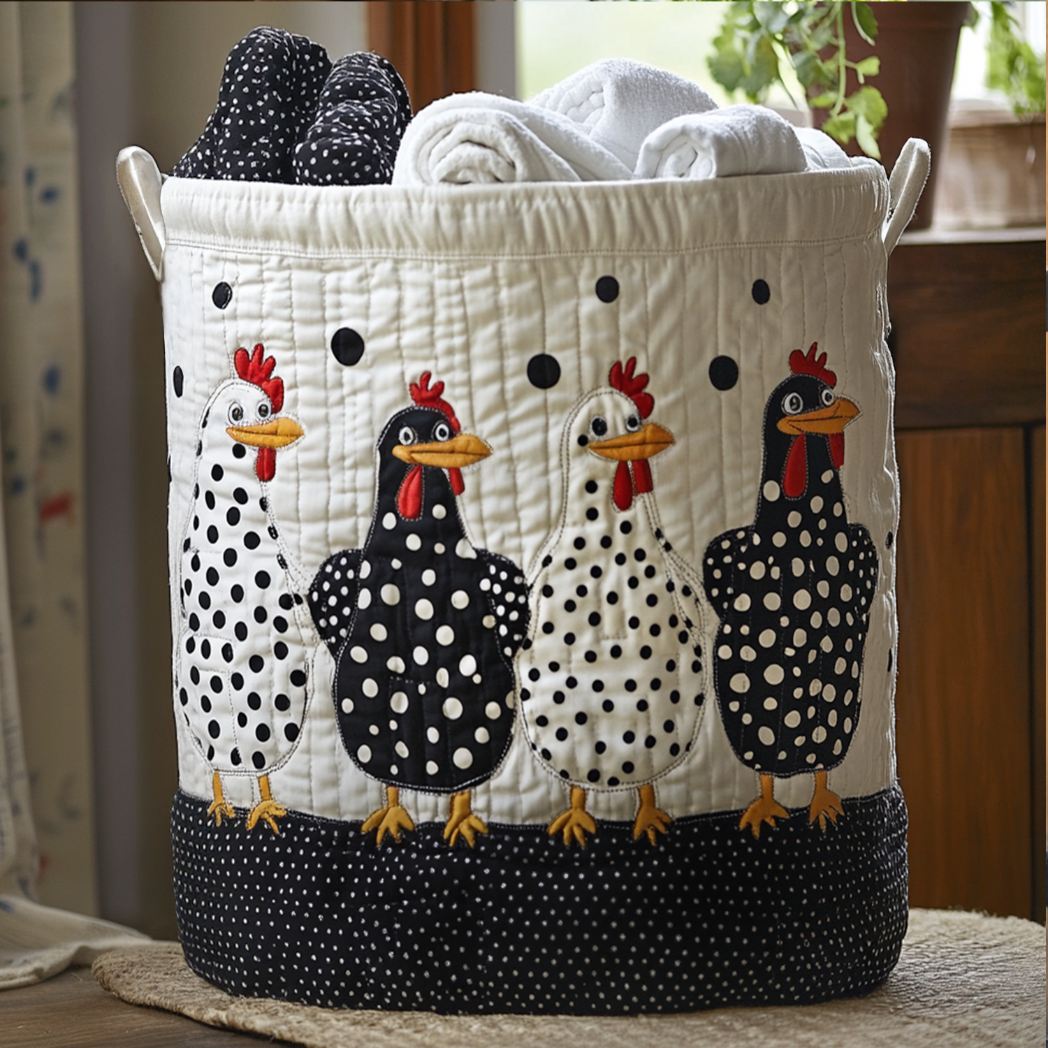 Polka Dot Hens | Quilted Laundry Basket