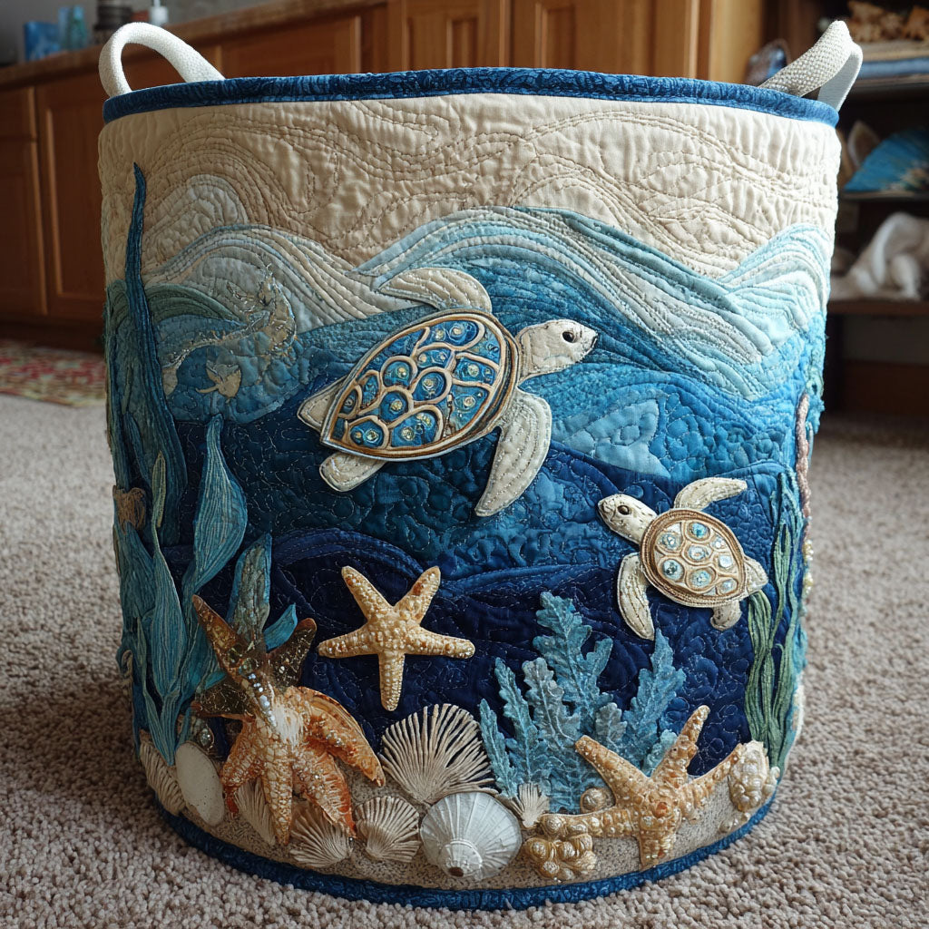 Turtles and Seashells | Quilted Laundry Basket