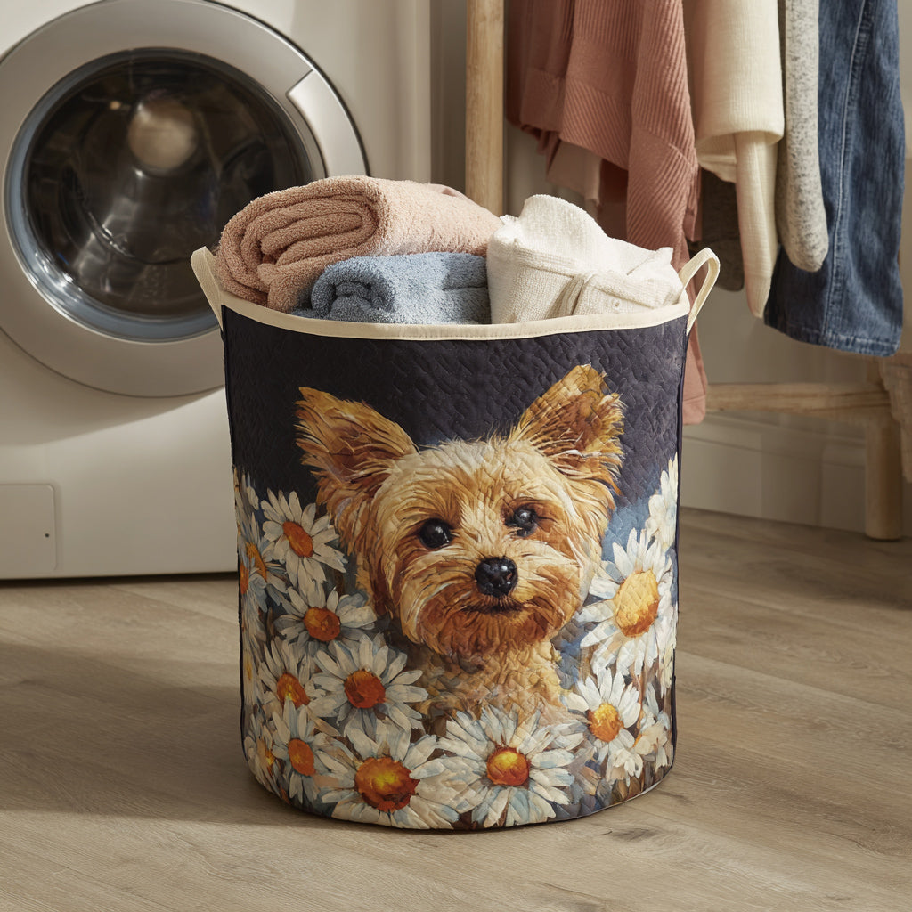 Yorkshire Terrier and Daisies | Quilted Laundry Basket